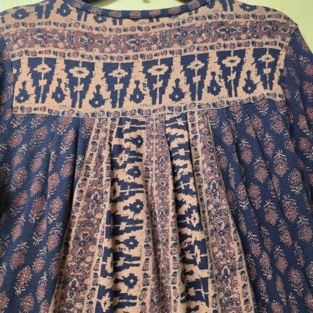 Lucky Brand Purple Ikat Floral Henley Blouse Long Sleeve Boho Top Medium - Picture 7 of 12